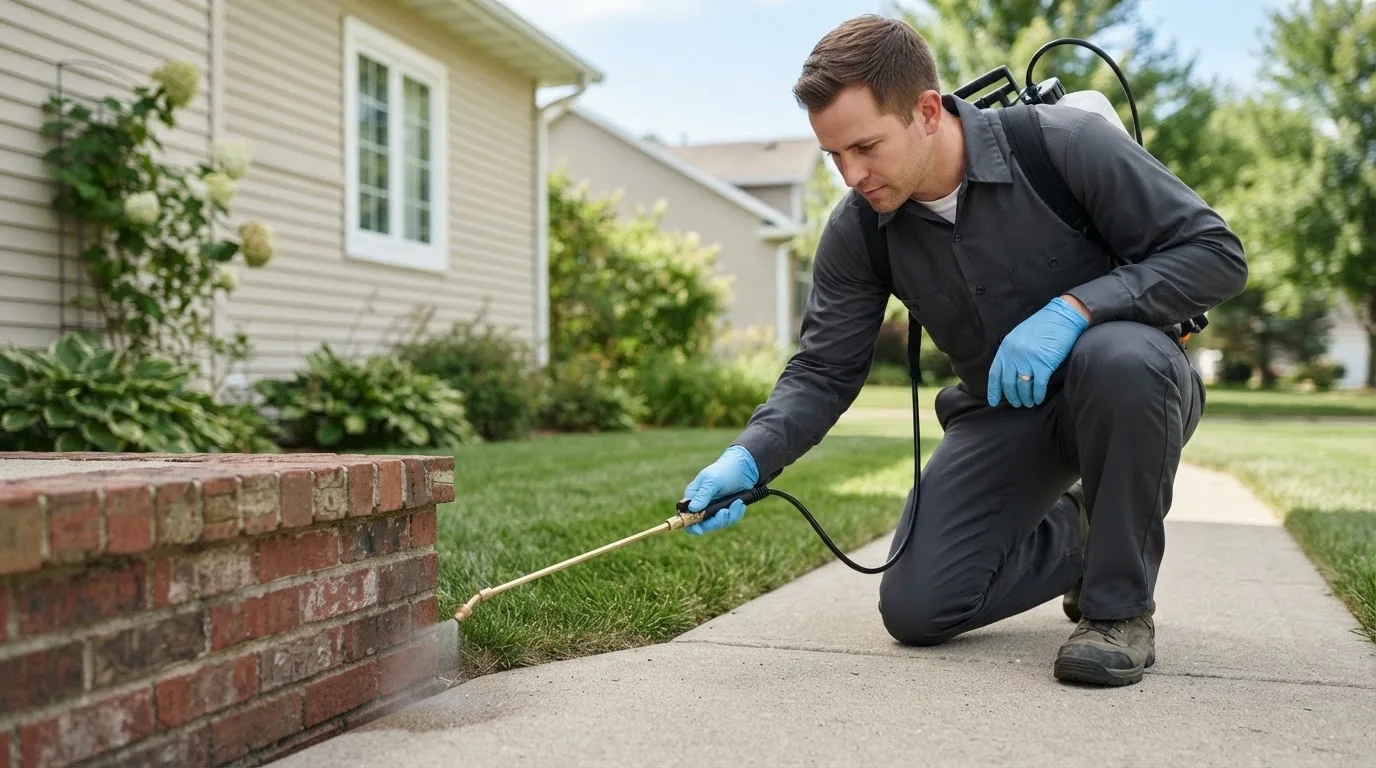Pest control technician treating a home near Edon, OH